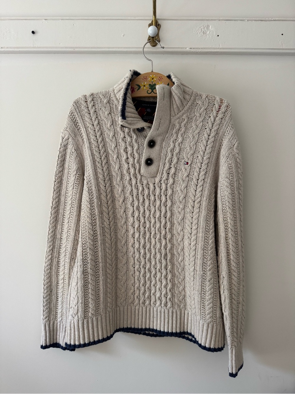 Tommy Hilfiger Cream Cable-Knit Turtleneck Button Sweater